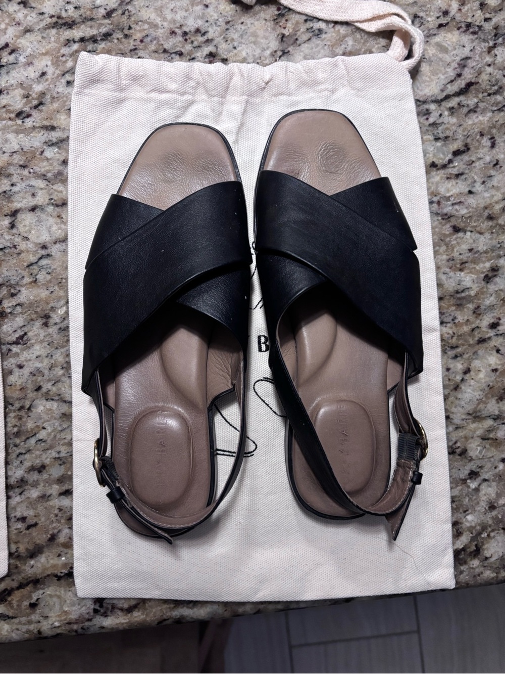 Poppy Barley The Cross town Women's Black Leather Crossband Slingback Sandals